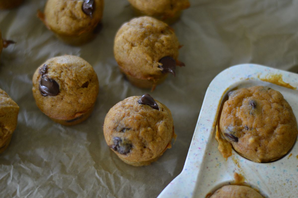mini pumpkin muffins scattered on parchment paper with a side view of the muffin pan. 